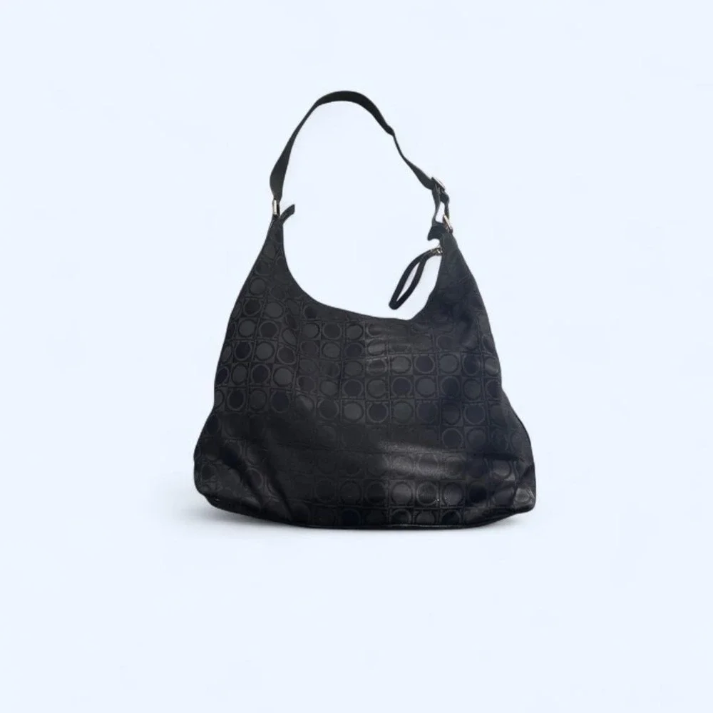 Ferragamo Gancini Canvas Leather Tote Bag Black